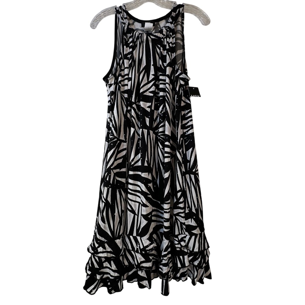 MSK Women Black White Tropical Palm Sequin Ruffle Midi Dress 14W New